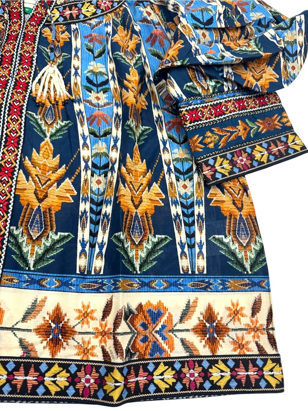 NWT FARM Rio Embroidered Tapestry Blue Short Sleeve Blouse Size Medium